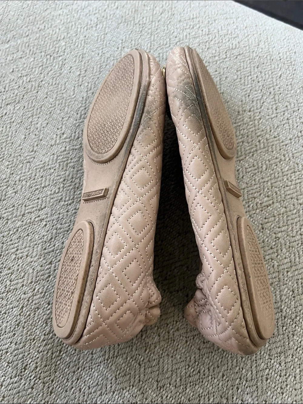 Tory Burch Beige Quilted Ballet Flats with Gold Logo